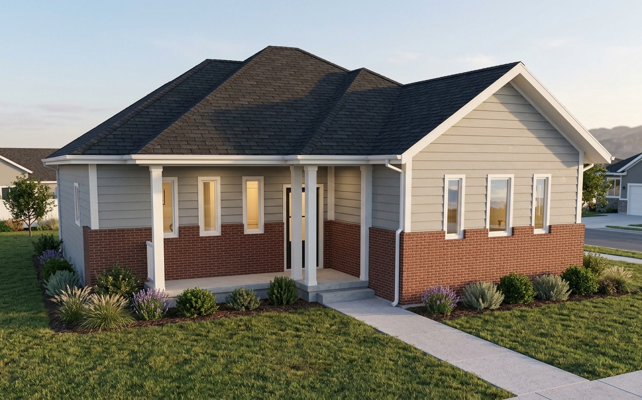 Exterior rendering of The Brindle, a 965 square foot Hardy Homes concept